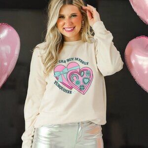 Grace + Emma - I Can Buy Myself Turquoise Micro Fleece Crewneck, Ivory - Large